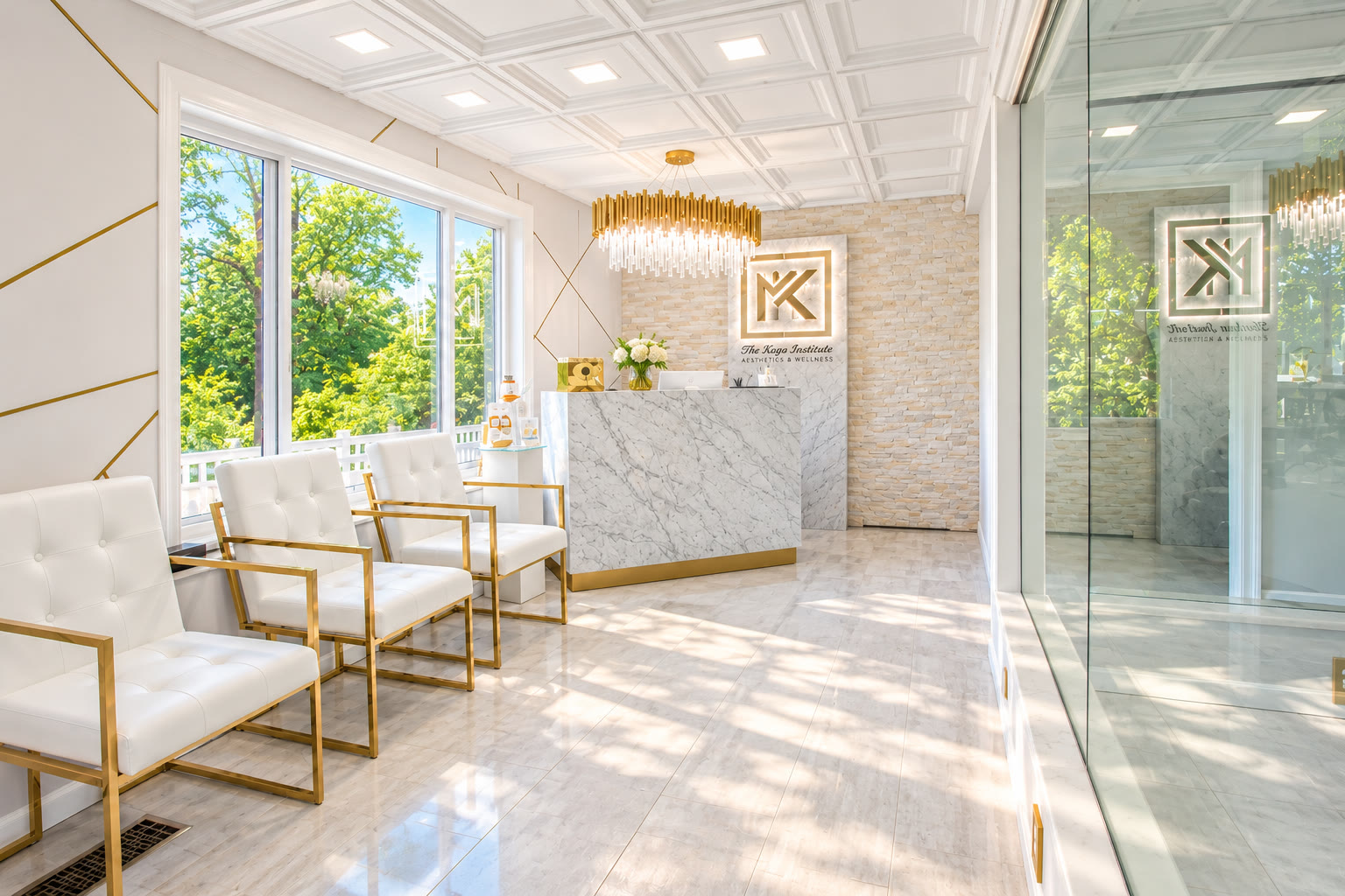 Sunlit lounge with white and gold chairs